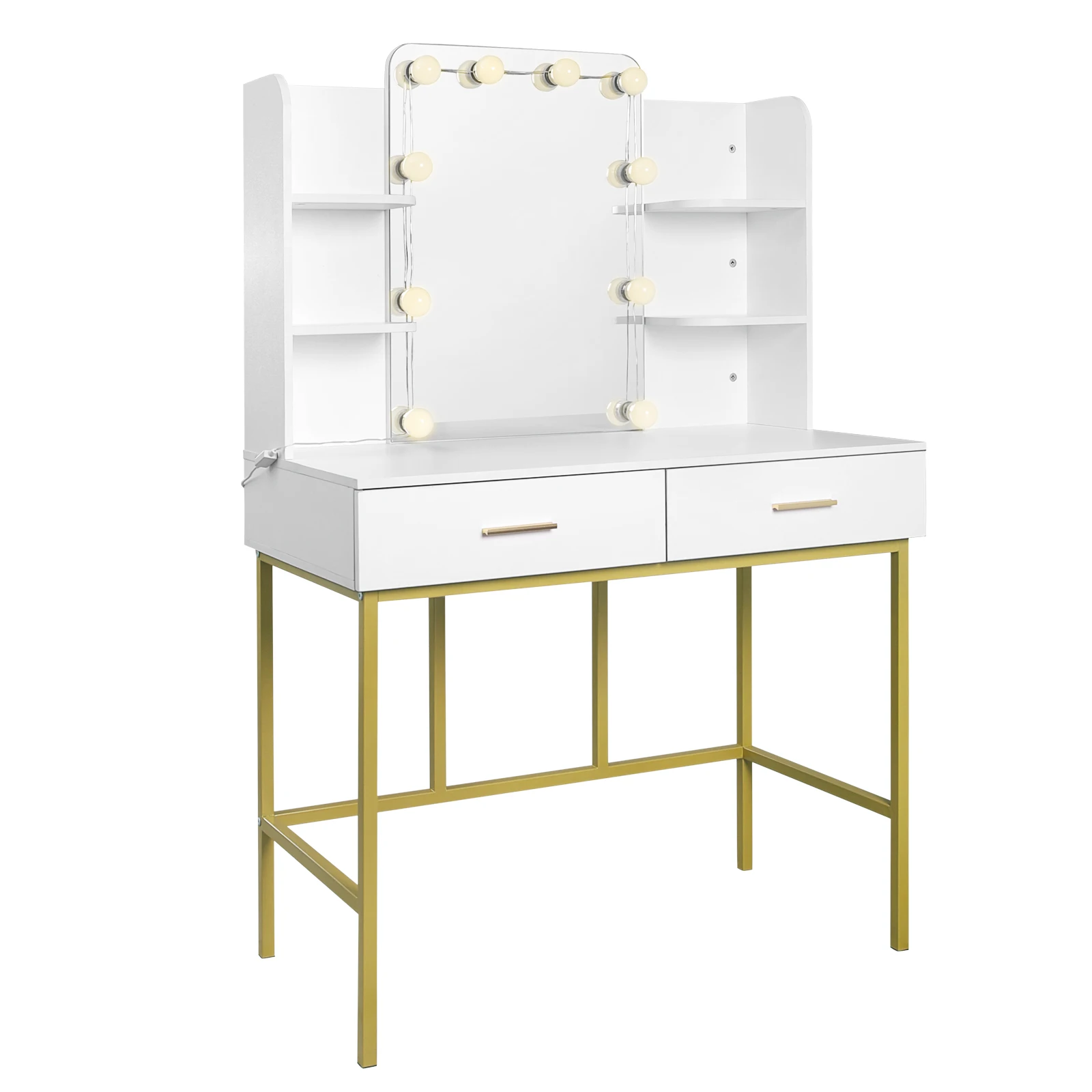 White Gold Vanity Desk with Built-In LED Mirror Lighting