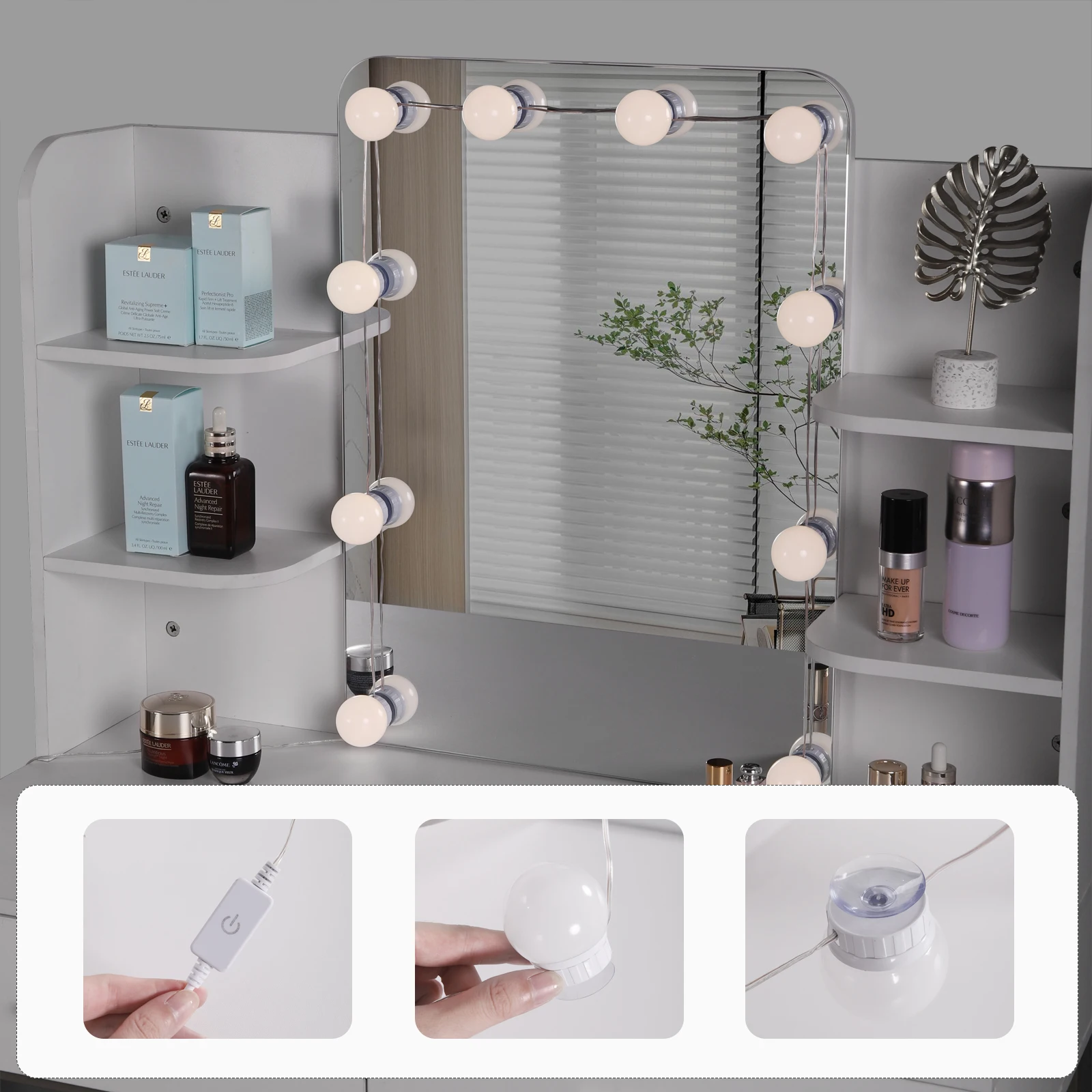 High-quality White Gold Vanity Desk with Built-In LED Mirror Lighting image 3