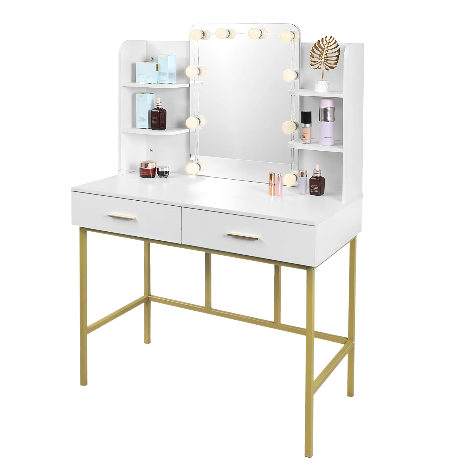 High-quality White Gold Vanity Desk with Built-In LED Mirror Lighting image 2