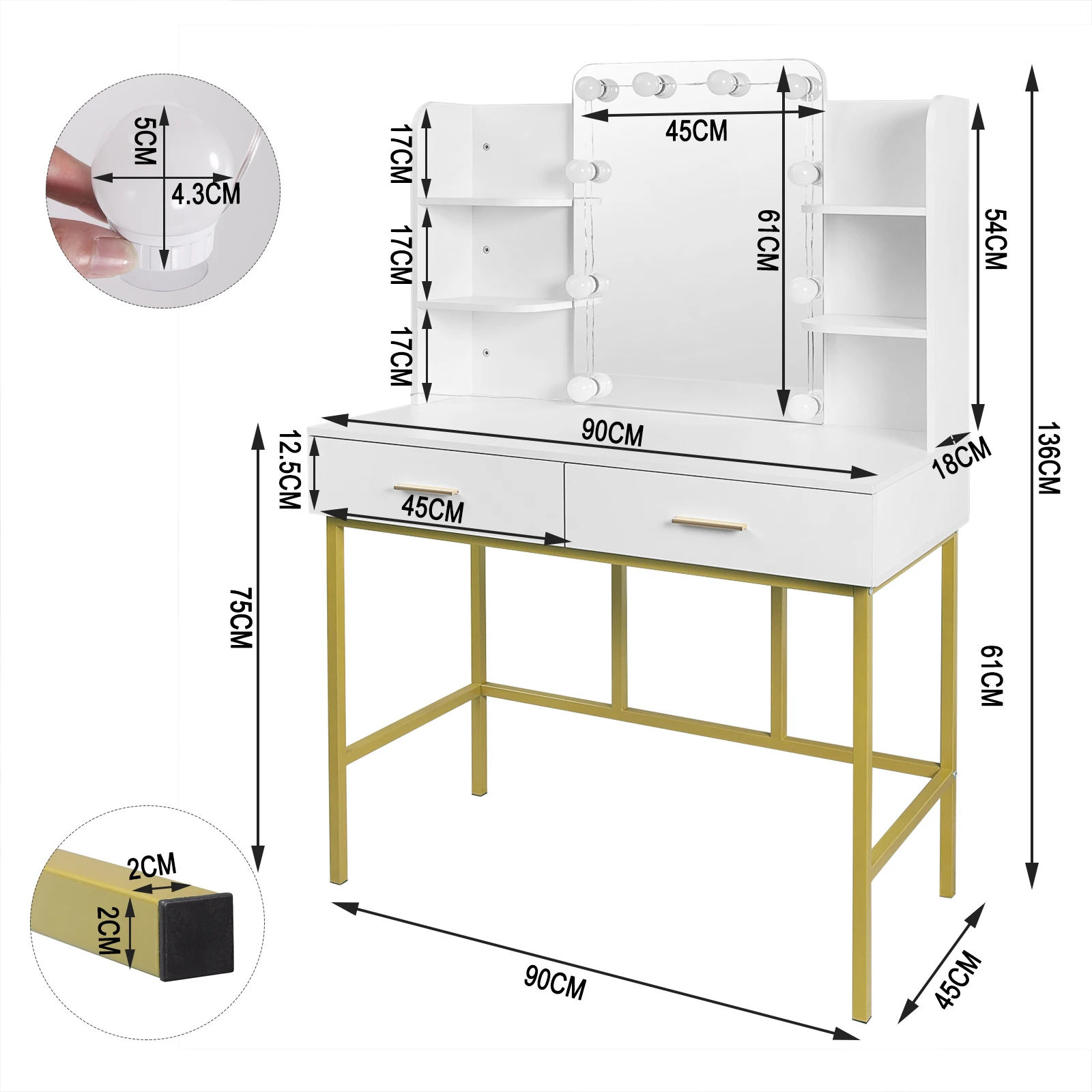 High-quality White Gold Vanity Desk with Built-In LED Mirror Lighting image 6